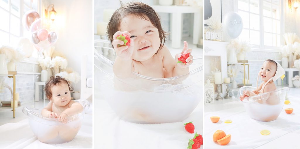 １歳記念に大人気のスマッシュケーキ撮影＆ミルクバス撮影♡両方が叶う｜栃木県小山市にある宇都宮市・栃木市・佐野市・古河市・結城・真岡市・久喜市からも近いライフスタジオ小山店